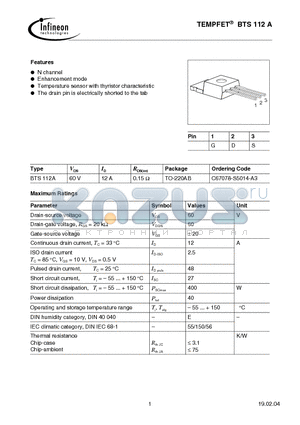 BTS112A datasheet - TEMPFET(N-channel Enhancement mode Temperature sensor with thyristor characteristic)