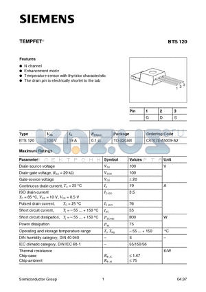 BTS120 datasheet - TEMPFET (N channel Enhancement mode Temperature sensor with thyristor characteristic)