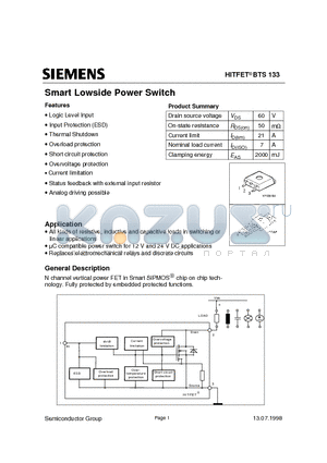 BTS133 datasheet - Smart Lowside Power Switch (Logic Level Input Input Protection ESD Thermal Shutdown Overload protection)