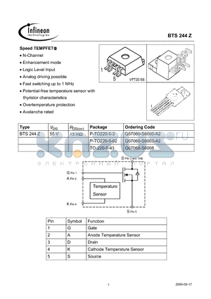 BTS244Z datasheet - Speed TEMPFET(N-Channel Enhancement mode Logic Level Input Potential-free temperature sensor with thyristor characteristics)