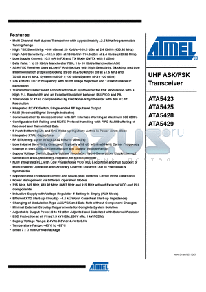 ATA5423 datasheet - UHF ASK/FSK Transceiver