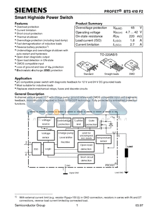 BTS410F2 datasheet - Smart Highside Power Switch (Overload protection Current limitation Short circuit protection Thermal shutdown)