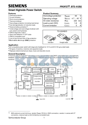 BTS412B2 datasheet - Smart Highside Power Switch (Overload protection Current limitation Short circuit protection Thermal shutdown)