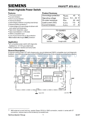 BTS425L1 datasheet - Smart Highside Power Switch (Overload protection Current limitation Short circuit protection Thermal shutdown)