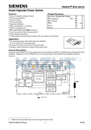 BTS430K2 datasheet - Smart Highside Power Switch (Clamp of negative voltage at output Short-circuit protection Current limitation)
