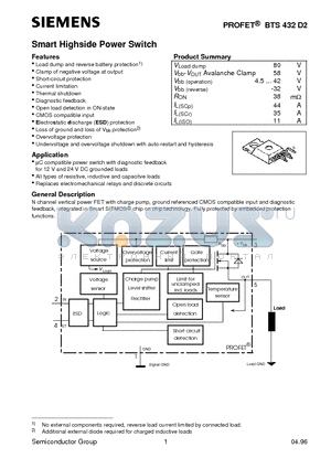 BTS432D2 datasheet - Smart Highside Power Switch (Clamp of negative voltage at output Short-circuit protection Current limitation Thermal shutdown)