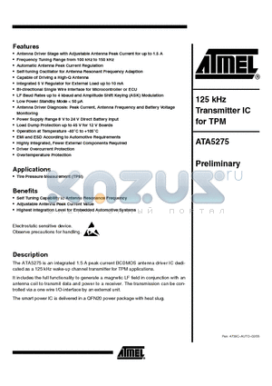 ATA5275 datasheet - 125 kHz TRANSMITTER IC FOR TPM