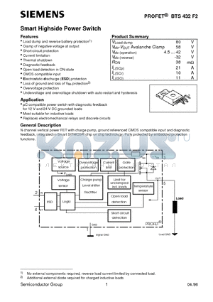 BTS432F2 datasheet - Smart Highside Power Switch (Clamp of negative voltage at output Short-circuit protection Current limitation)