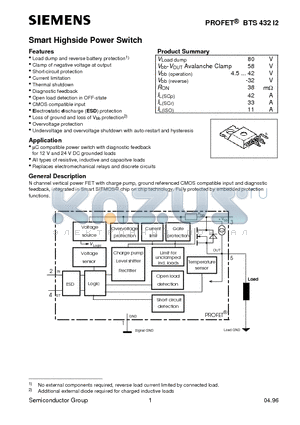 BTS432I2 datasheet - Smart Highside Power Switch (Clamp of negative voltage at output Short-circuit protection Current limitation Thermal shutdown)