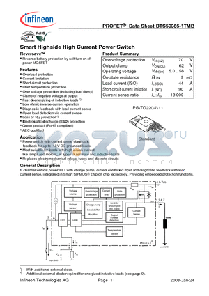 BTS50085-1TMB datasheet - Smart Highside High Current Power Switch