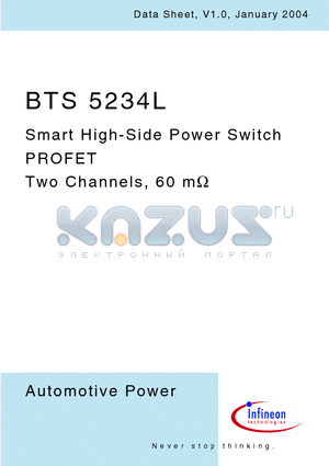 BTS5234L datasheet - Smart High-Side Power Switch PROFET TWO CHANNELS, 60MOHM