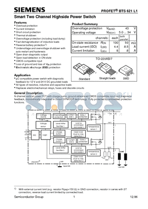 BTS621L1 datasheet - Smart Two Channel Highside Power Switch (Overload protection Current limitation Short circuit protection Thermal shutdown)