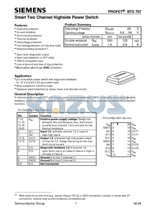 BTS707 datasheet - Smart Two Channel Highside Power Switch (Overload protection Current limitation Short-circuit protection Thermal shutdown)