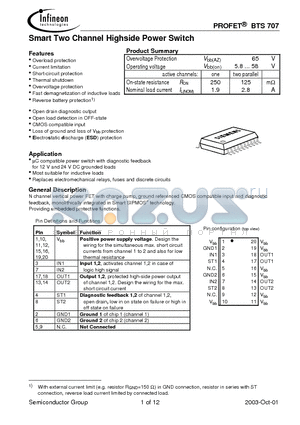 BTS707 datasheet - Smart Two Channel Highside Power Switch