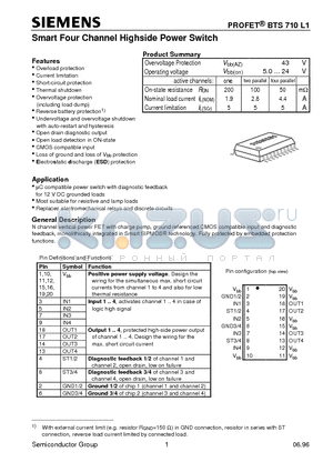 BTS710L1 datasheet - Smart Four Channel Highside Power Switch (Overload protection Current limitation Short-circuit protection Thermal shutdown)