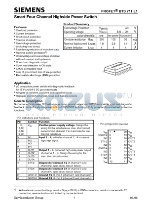BTS711L1 datasheet - Smart Four Channel Highside Power Switch (Overload protection Current limitation Short-circuit protection Thermal shutdown)
