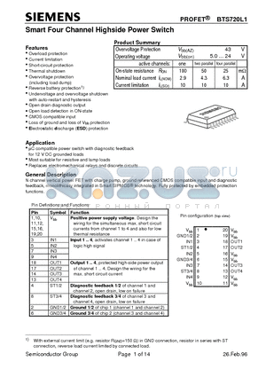 BTS720L1 datasheet - Smart Four Channel Highside Power Switch (Overload protection Current limitation Short-circuit protection Thermal shutdown)