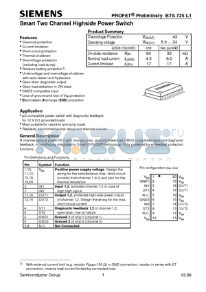 BTS725L1 datasheet - Smart Two Channel Highside Power Switch (Overload protection Current limitation Short-circuit protection Thermal shutdown)