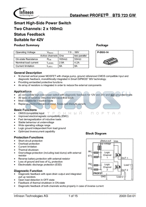 BTS723GW datasheet - Smart High-Side Power Switch Two Channels: 2 x 100m Status Feedback Suitable for 42V