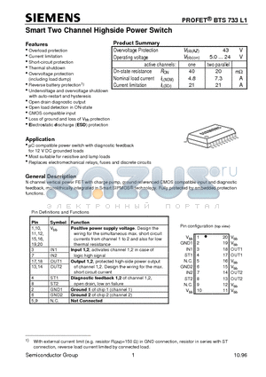 BTS733L1 datasheet - Smart Two Channel Highside Power Switch (Overload protection Current limitation Short-circuit protection Thermal shutdown)