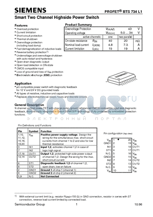 BTS734L1 datasheet - Smart Two Channel Highside Power Switch (Overload protection Current limitation Short-circuit protection Thermal shutdown)