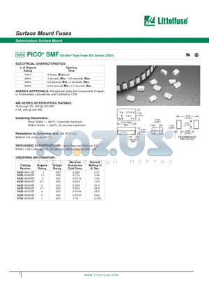 04200001UR datasheet - PICO^ SMFSlo-Blo^ Type Fuse 420 Series (250V)