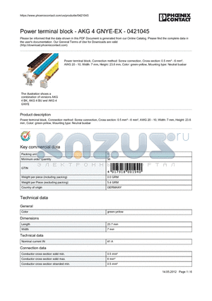 0421045 datasheet - Power terminal block, Connection method: Screw connection, Cross section