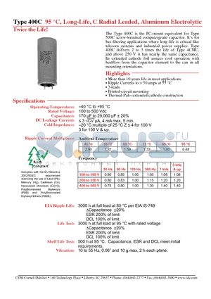 400C102M400EH8 datasheet - 95 C, Long-Life, C Radial Leaded, Aluminum Electrolytic