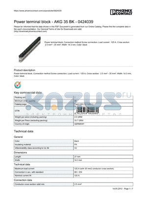 0424039 datasheet - Power terminal block, Connection method Screw connection, Load current
