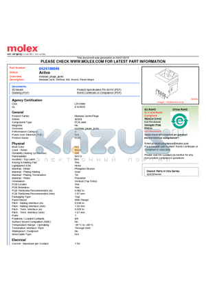 0424108648 datasheet - Modular Jack, Vertical, 8/6, Keyed, Panel Stops