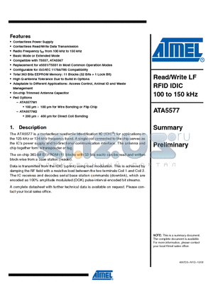 ATA5577 datasheet - Read/Write LF RFID IDIC 100 to 150 kHz