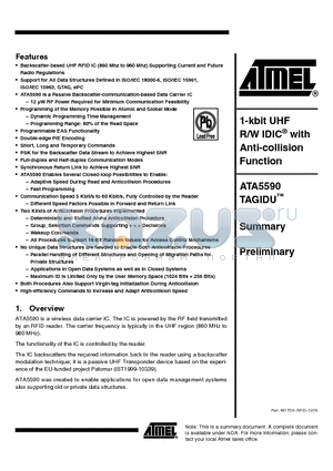 ATA5590 datasheet - 1-kbit UHF R/W IDIC with Anti-collision Function