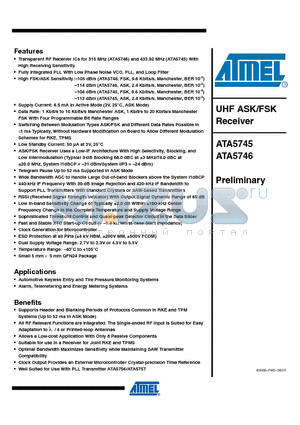 ATA5745 datasheet - UHF ASK/FSK Receiver