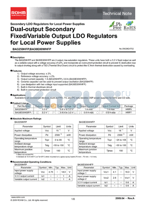 BA30E00WHFP datasheet - Dual-output Secondary Fixed/Variable Output LDO Regulators for Local Power Supplies