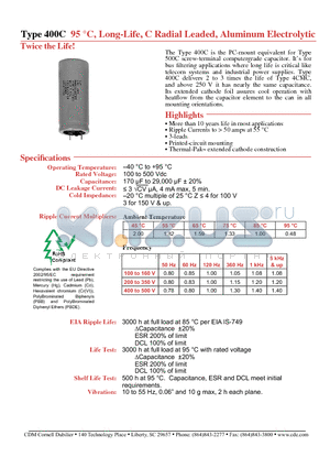 400C261M500AA8 datasheet - 95 C, Long-Life, C Radial Leaded, Aluminum Electrolytic