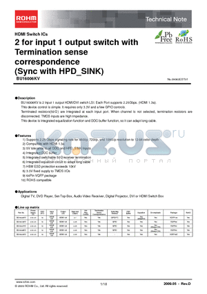 BU16006KV datasheet - 2 for input 1 output switch with Termination sense correspondence (Sync with HPD_SINK)