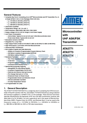 ATA5771-PXQW datasheet - Microcontroller with UHF ASK/FSK Transmitter