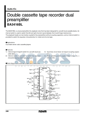 BA3416BL datasheet - Double cassette tape recorder dual preamplifier