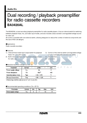 BA3420AL datasheet - Dual recording / playback preamplifier for radio cassette recorders
