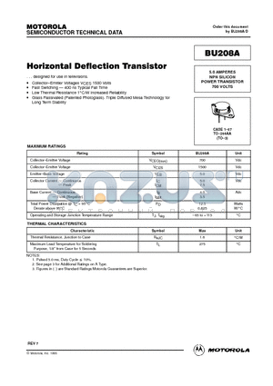 BU208A datasheet - 5.0 AMPERES NPN SILICON POWER TRANSISTOR 700 VOLTS