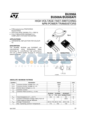 BU208A datasheet - HIGH VOLTAGE FAST-SWITCHING NPN POWER TRANSISTORS