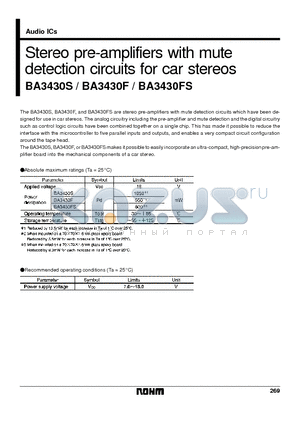 BA3430FS datasheet - Stereo pre-amplifiers with mute detection circuits for car stereos