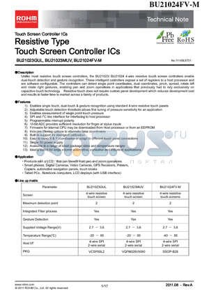 BU21023MUV datasheet - Resistive Type Touch Screen Controller ICs