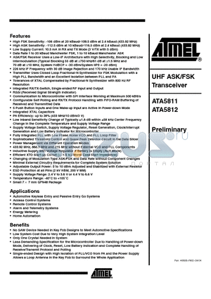 ATA5811 datasheet - UHF ASK/FSK TRANSCEIVER