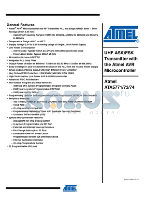 ATA5774 datasheet - Output Power of 8dBm at 315MHz / 7.5dBm at 433.92 MHz / 5.5dBm at 868.3MHz