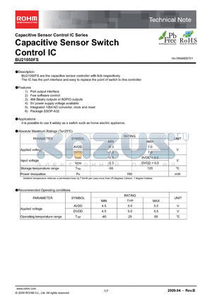 BU21050FS datasheet - Capacitive Sensor Switch Control IC