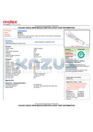 0430300010 datasheet - Micro-Fit 3.0 Crimp Terminal, Female, with Select Tin (Sn) Plated Tin/Brass Alloy Contact, 26-30 AWG, Bag