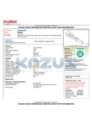 0430300007 datasheet - Micro-Fit 3.0 Crimp Terminal, Female, with Tin (Sn) Plated Tin/Brass Alloy Contact, 20-24 AWG, Bag