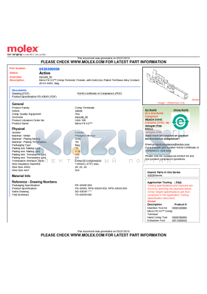 0430300008 datasheet - Micro-Fit 3.0 Crimp Terminal, Female, with Gold (Au) Plated Tin/Brass Alloy Contact, 20-24 AWG, Bag