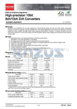 BU2505FV datasheet - High-precision 10bit 8ch/10ch D/A Converters